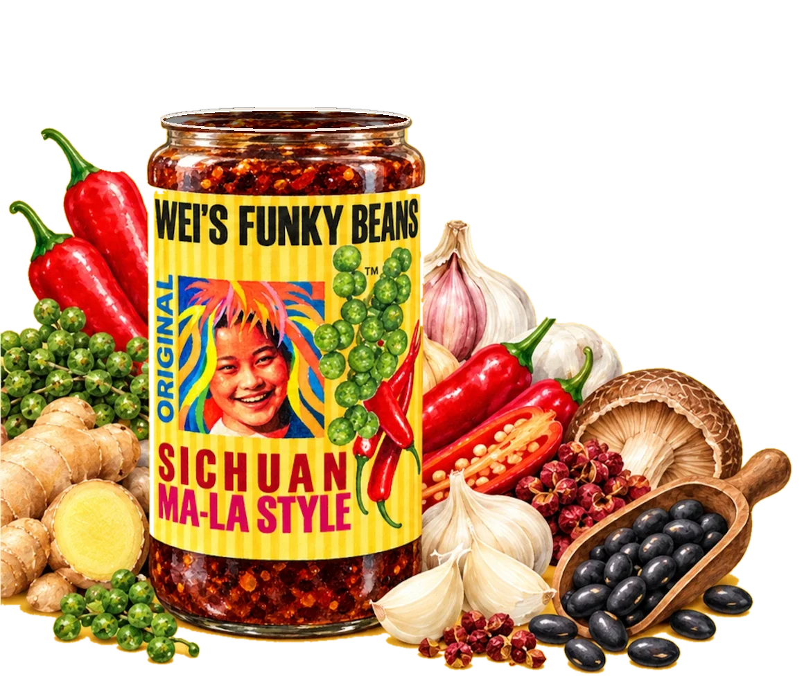 A jar of Wei's Funky Beans Sichuan Ma-La Style surrounded by chilies, garlic, ginger, shiitake, Sichuan peppercorns and black beans